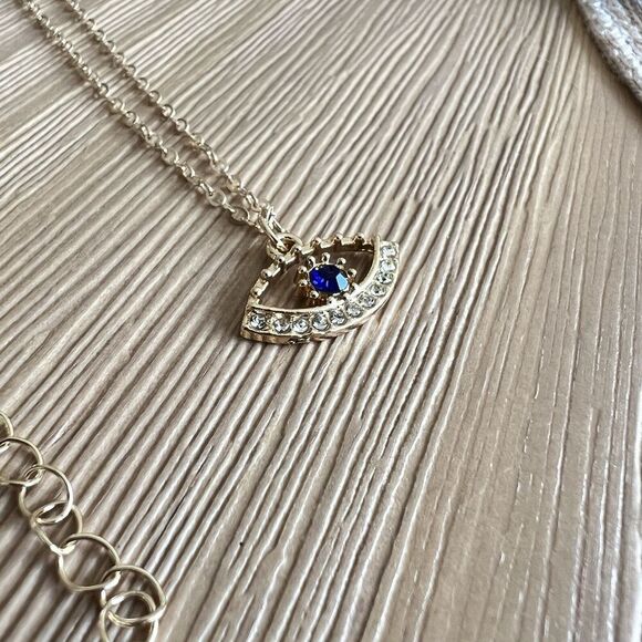 NEW Evil Eye Gold Rhinestone Blue White Necklace 16” chain lobster claw clasp - Picture 2 of 8
